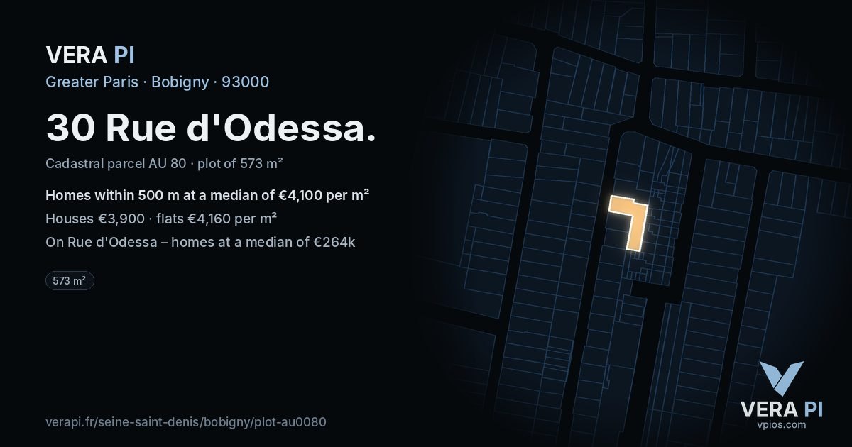 30 Rue d'Odessa, Bobigny at night – the plot lit, the parcels around coloured by the prices near them