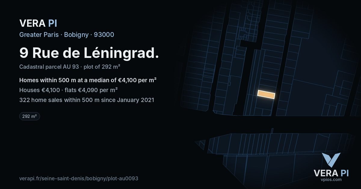 9 Rue de Léningrad, Bobigny at night – the plot lit, the parcels around coloured by the prices near them