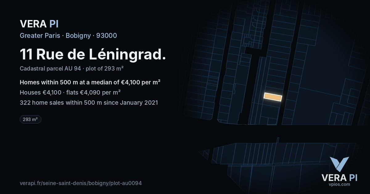 11 Rue de Léningrad, Bobigny at night – the plot lit, the parcels around coloured by the prices near them