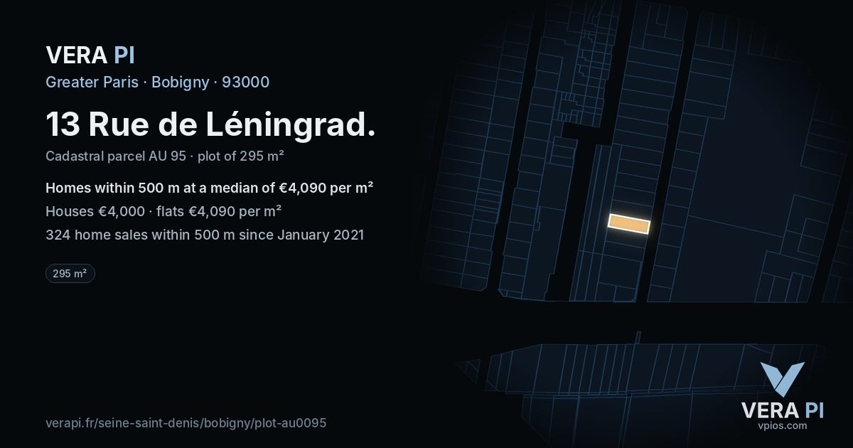 13 Rue de Léningrad, Bobigny at night – the plot lit, the parcels around coloured by the prices near them