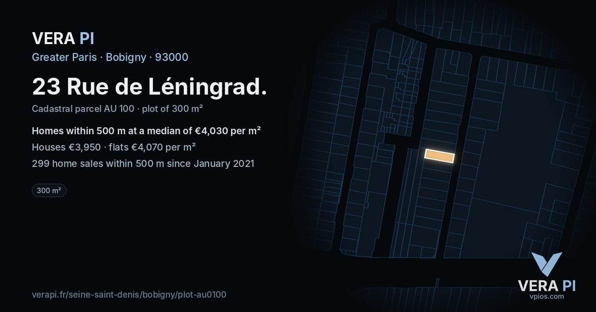 23 Rue de Léningrad, Bobigny at night – the plot lit, the parcels around coloured by the prices near them