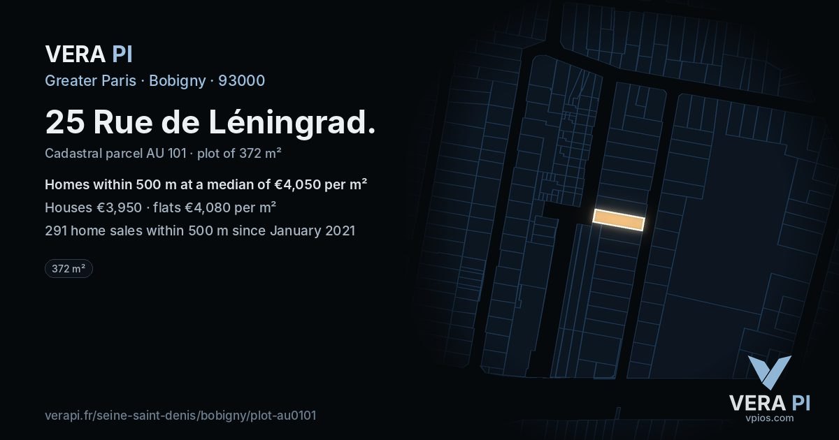 25 Rue de Léningrad, Bobigny at night – the plot lit, the parcels around coloured by the prices near them