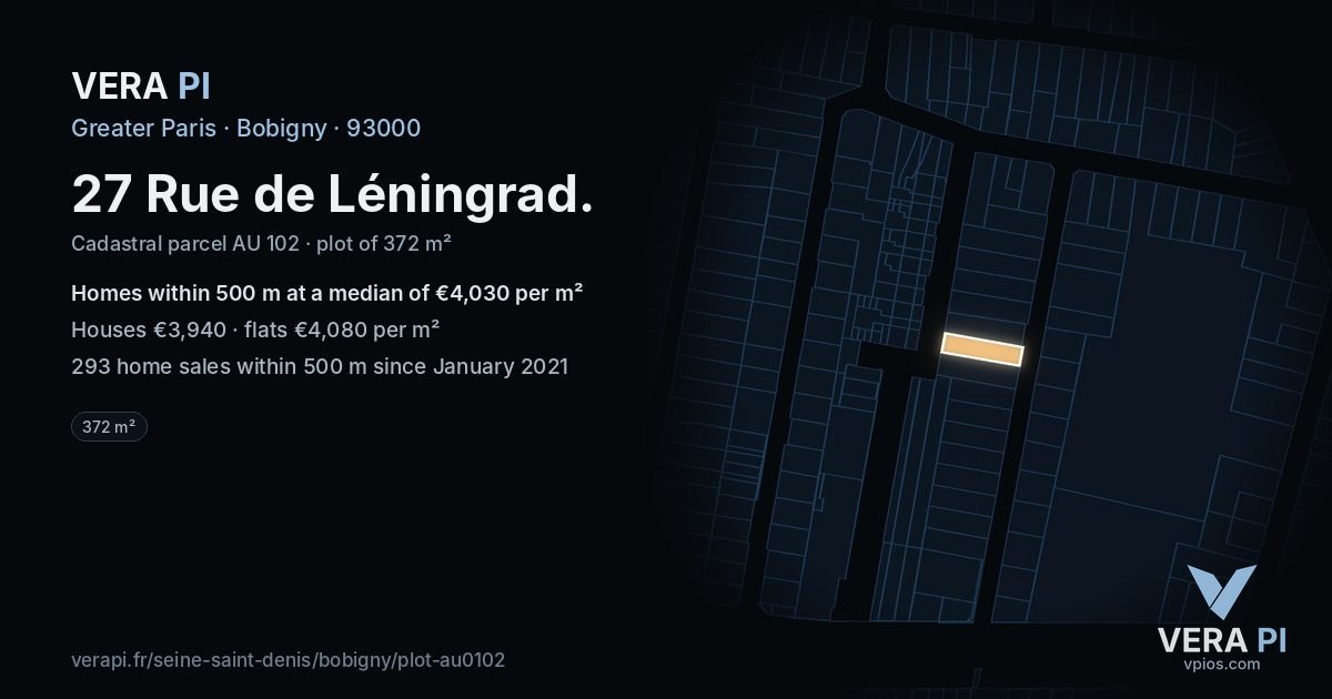 27 Rue de Léningrad, Bobigny at night – the plot lit, the parcels around coloured by the prices near them