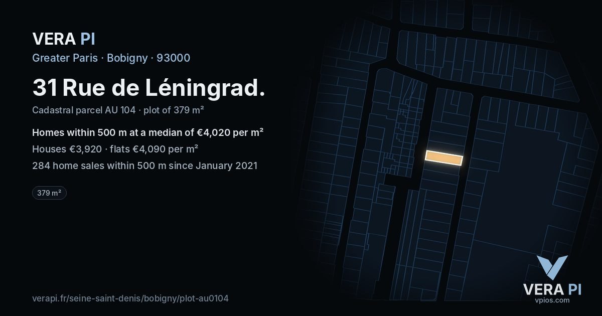31 Rue de Léningrad, Bobigny at night – the plot lit, the parcels around coloured by the prices near them