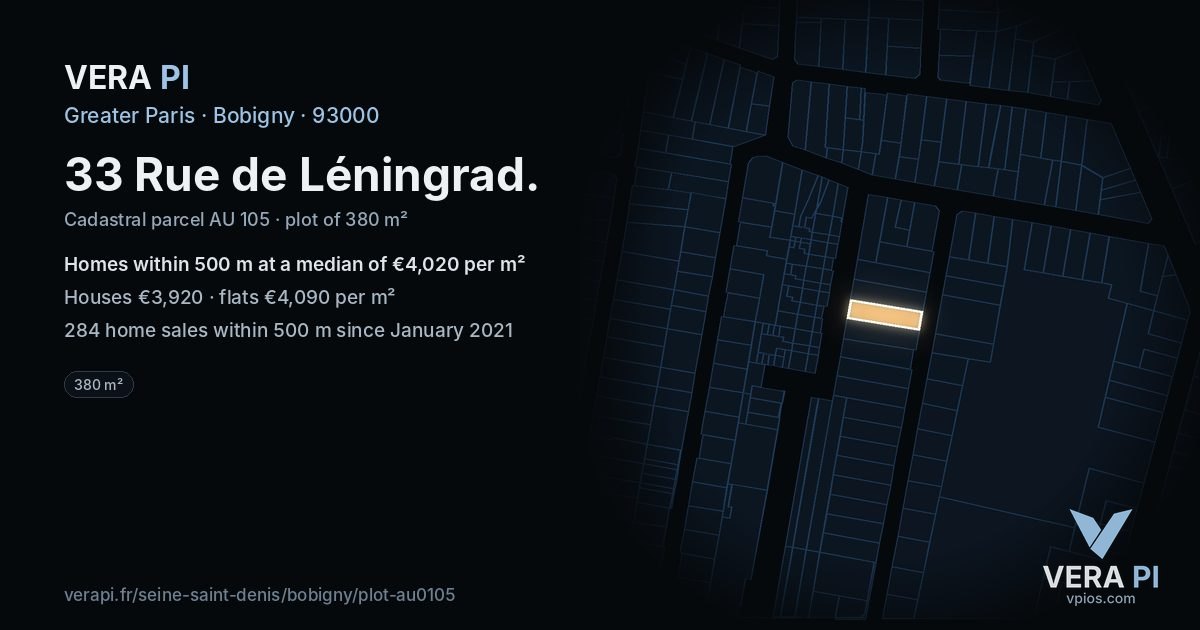 33 Rue de Léningrad, Bobigny at night – the plot lit, the parcels around coloured by the prices near them