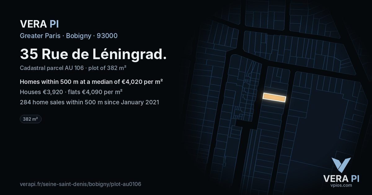 35 Rue de Léningrad, Bobigny at night – the plot lit, the parcels around coloured by the prices near them