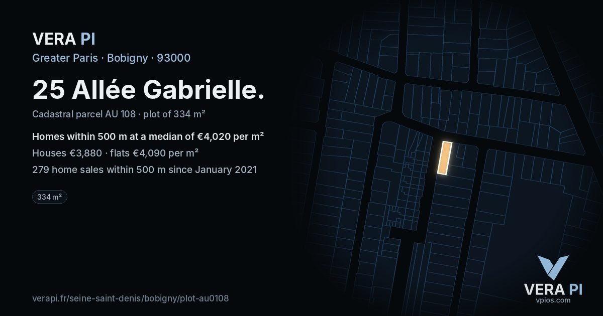 25 Allée Gabrielle, Bobigny at night – the plot lit, the parcels around coloured by the prices near them