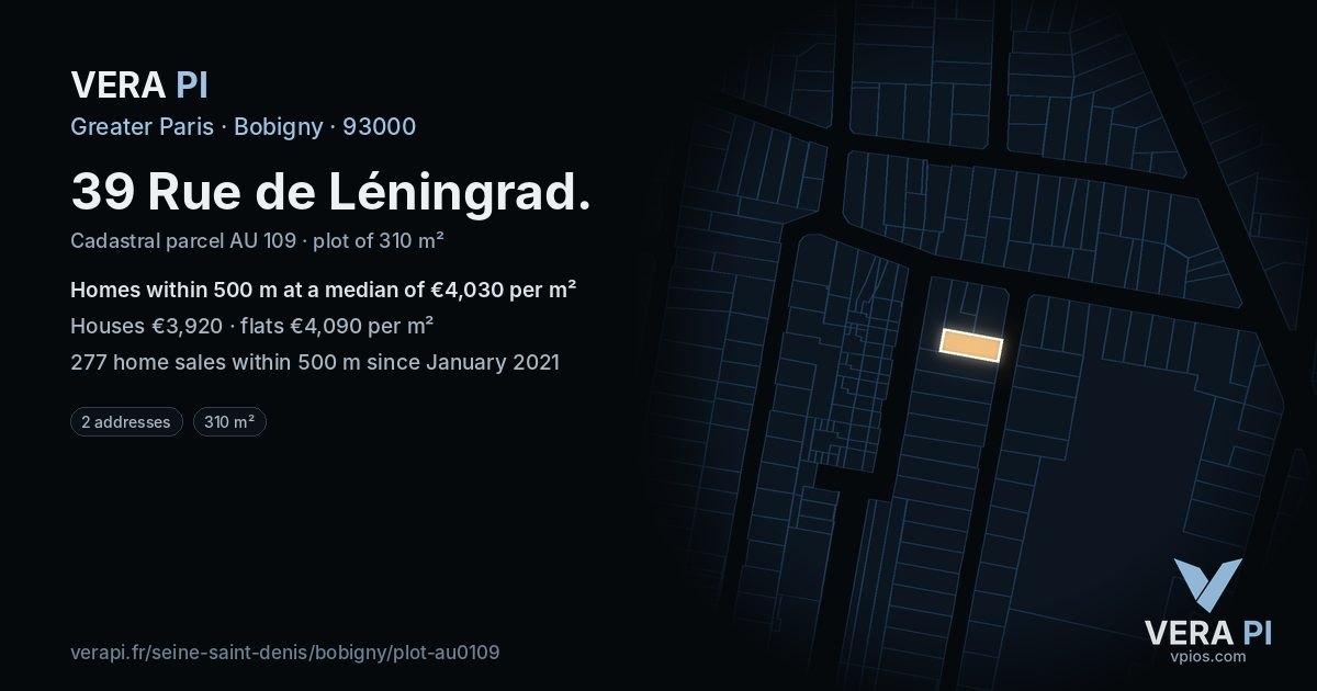 39 Rue de Léningrad, Bobigny at night – the plot lit, the parcels around coloured by the prices near them