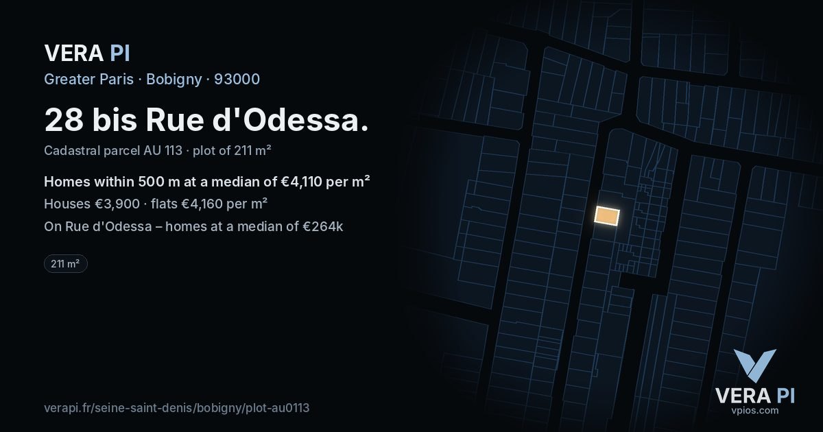 28 bis Rue d'Odessa, Bobigny at night – the plot lit, the parcels around coloured by the prices near them