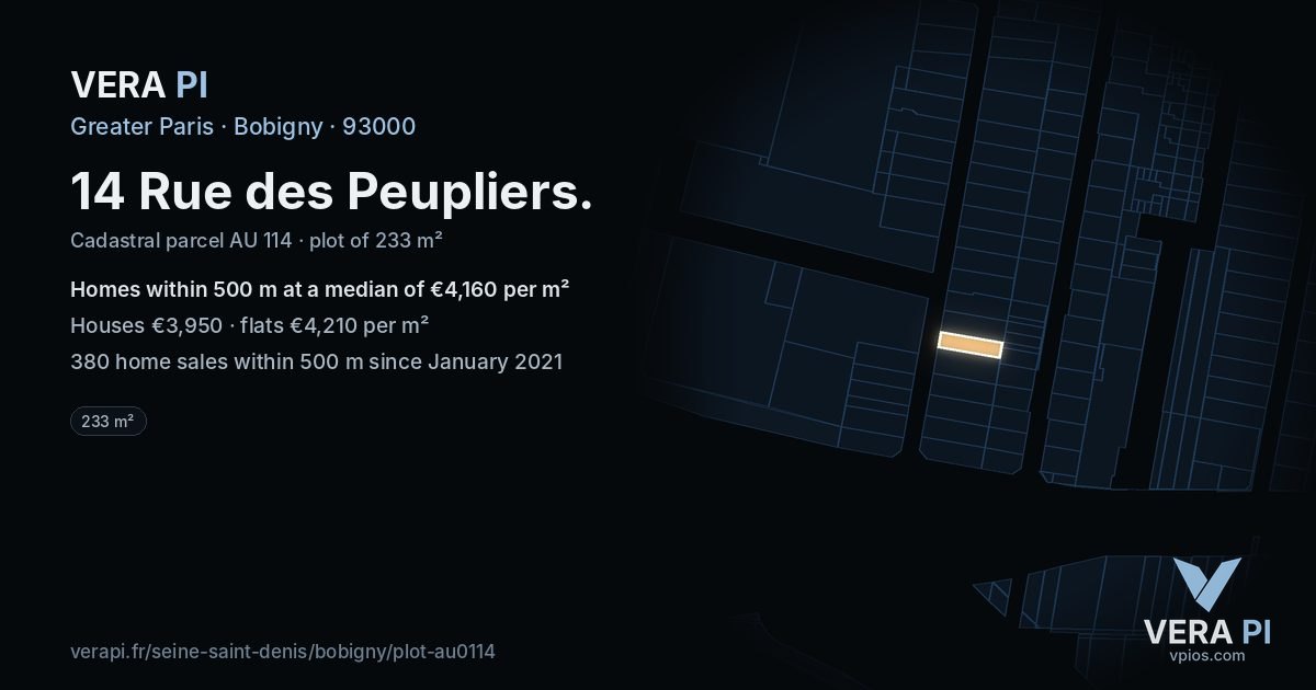 14 Rue des Peupliers, Bobigny at night – the plot lit, the parcels around coloured by the prices near them