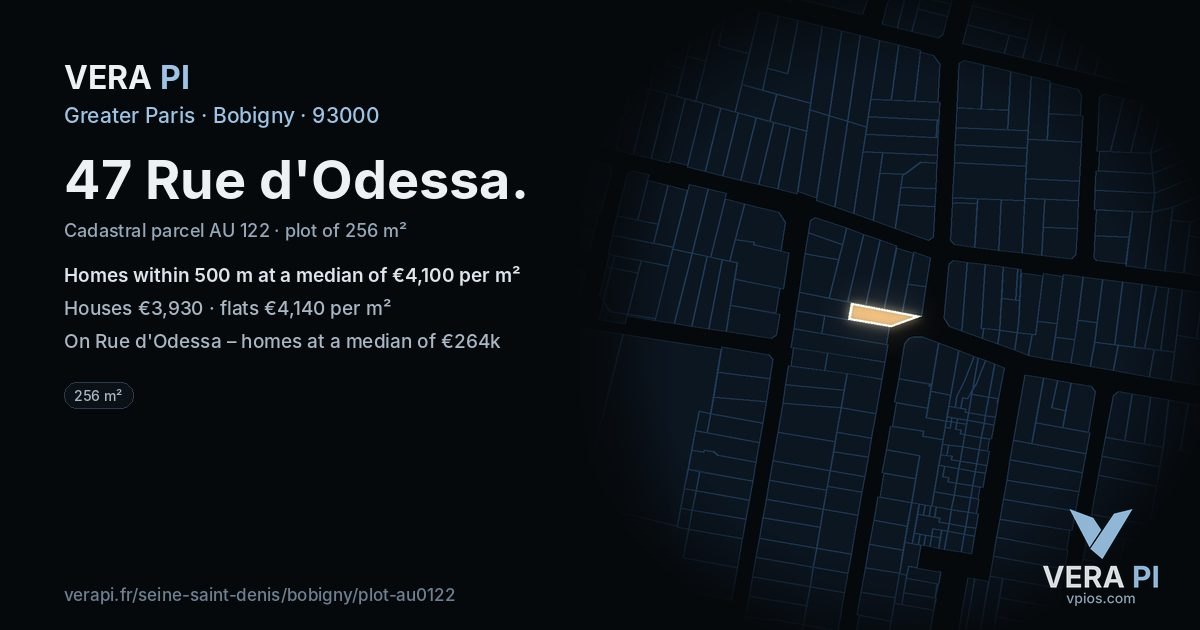 47 Rue d'Odessa, Bobigny at night – the plot lit, the parcels around coloured by the prices near them