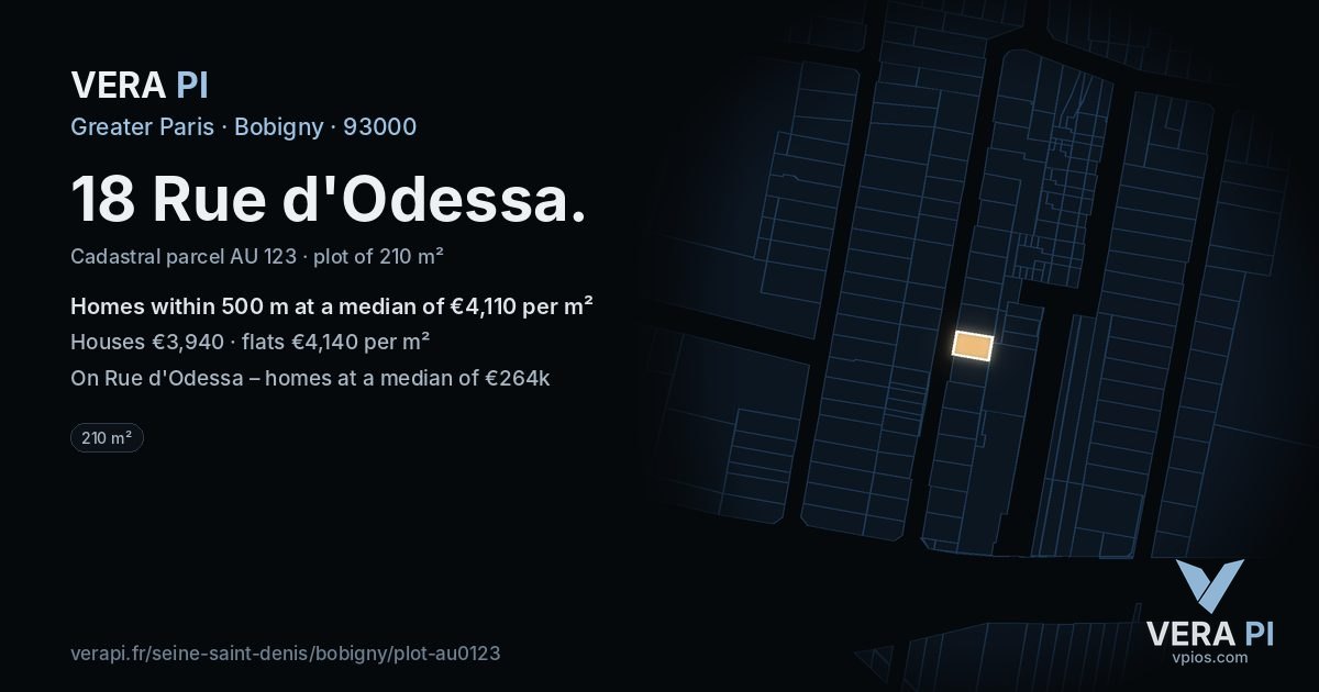 18 Rue d'Odessa, Bobigny at night – the plot lit, the parcels around coloured by the prices near them