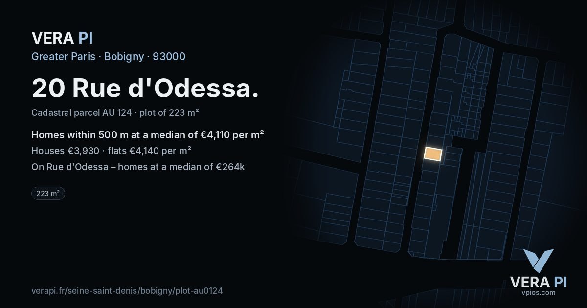 20 Rue d'Odessa, Bobigny at night – the plot lit, the parcels around coloured by the prices near them