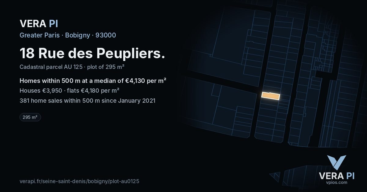 18 Rue des Peupliers, Bobigny at night – the plot lit, the parcels around coloured by the prices near them