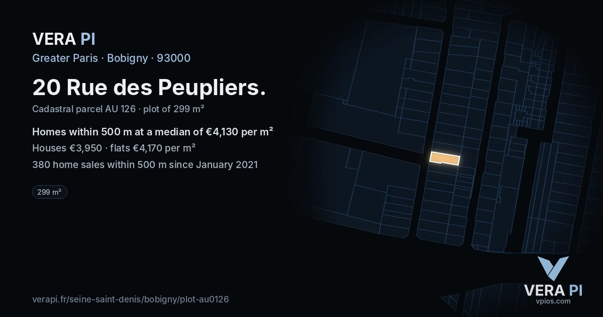 20 Rue des Peupliers, Bobigny at night – the plot lit, the parcels around coloured by the prices near them