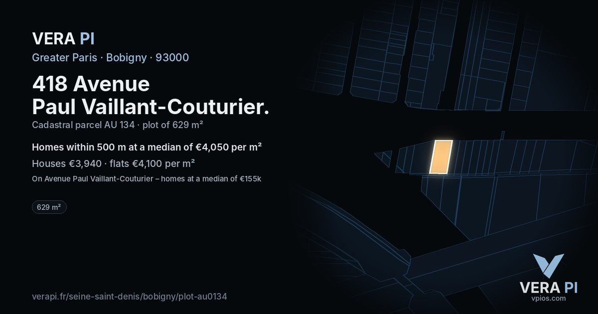 418 Avenue Paul Vaillant-Couturier, Bobigny at night – the plot lit, the parcels around coloured by the prices near them