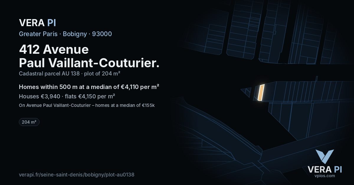 412 Avenue Paul Vaillant-Couturier, Bobigny at night – the plot lit, the parcels around coloured by the prices near them