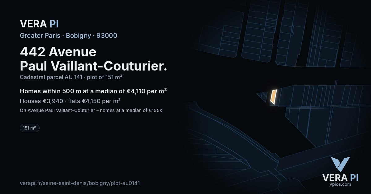 442 Avenue Paul Vaillant-Couturier, Bobigny at night – the plot lit, the parcels around coloured by the prices near them