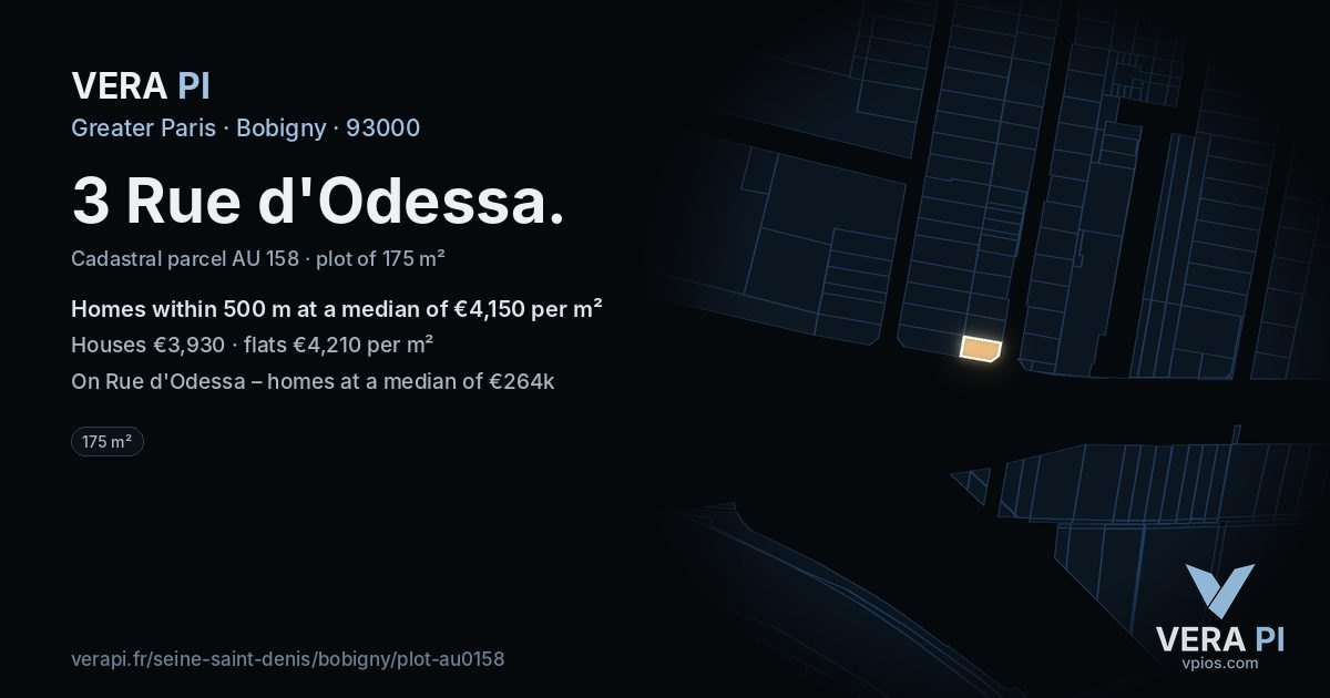 3 Rue d'Odessa, Bobigny at night – the plot lit, the parcels around coloured by the prices near them