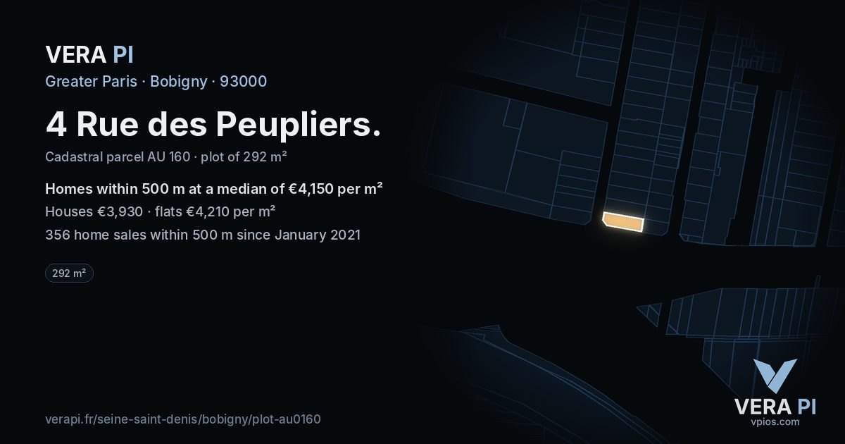 4 Rue des Peupliers, Bobigny at night – the plot lit, the parcels around coloured by the prices near them