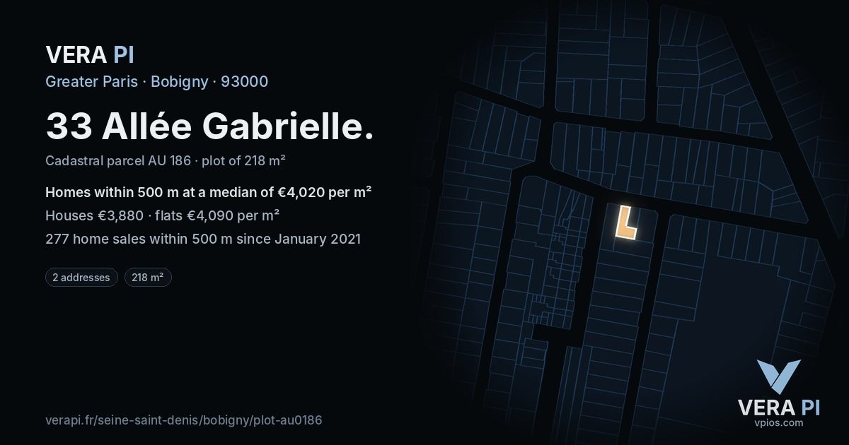 33 Allée Gabrielle, Bobigny at night – the plot lit, the parcels around coloured by the prices near them