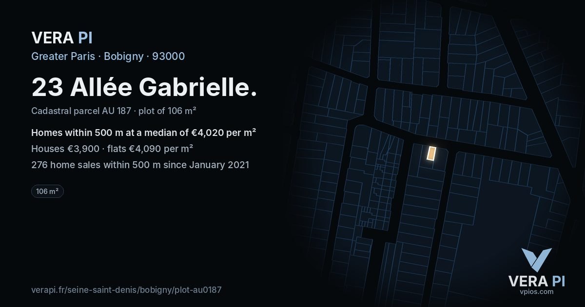 23 Allée Gabrielle, Bobigny at night – the plot lit, the parcels around coloured by the prices near them