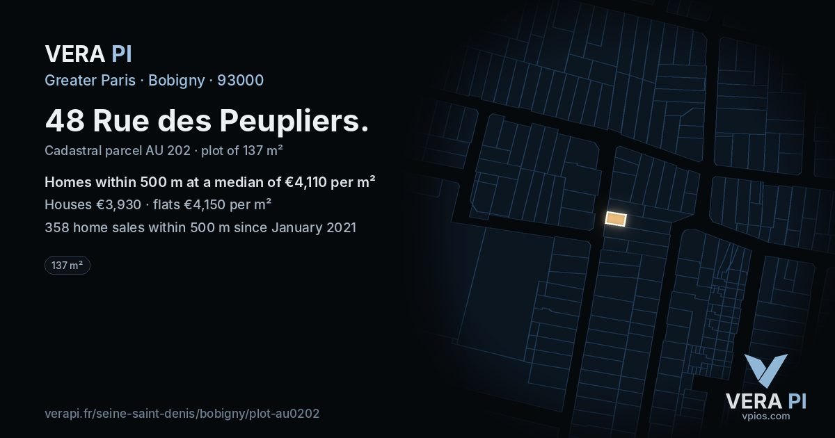 48 Rue des Peupliers, Bobigny at night – the plot lit, the parcels around coloured by the prices near them