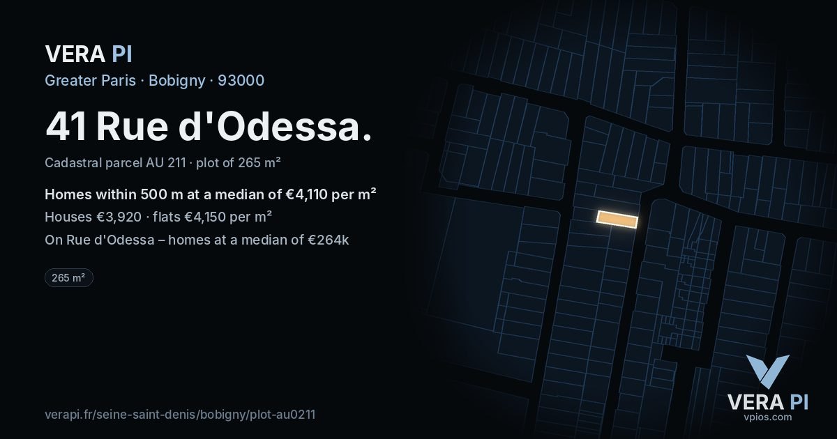 41 Rue d'Odessa, Bobigny at night – the plot lit, the parcels around coloured by the prices near them