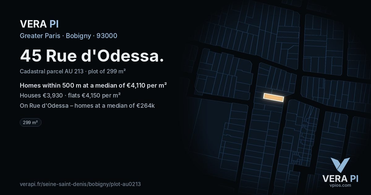 45 Rue d'Odessa, Bobigny at night – the plot lit, the parcels around coloured by the prices near them
