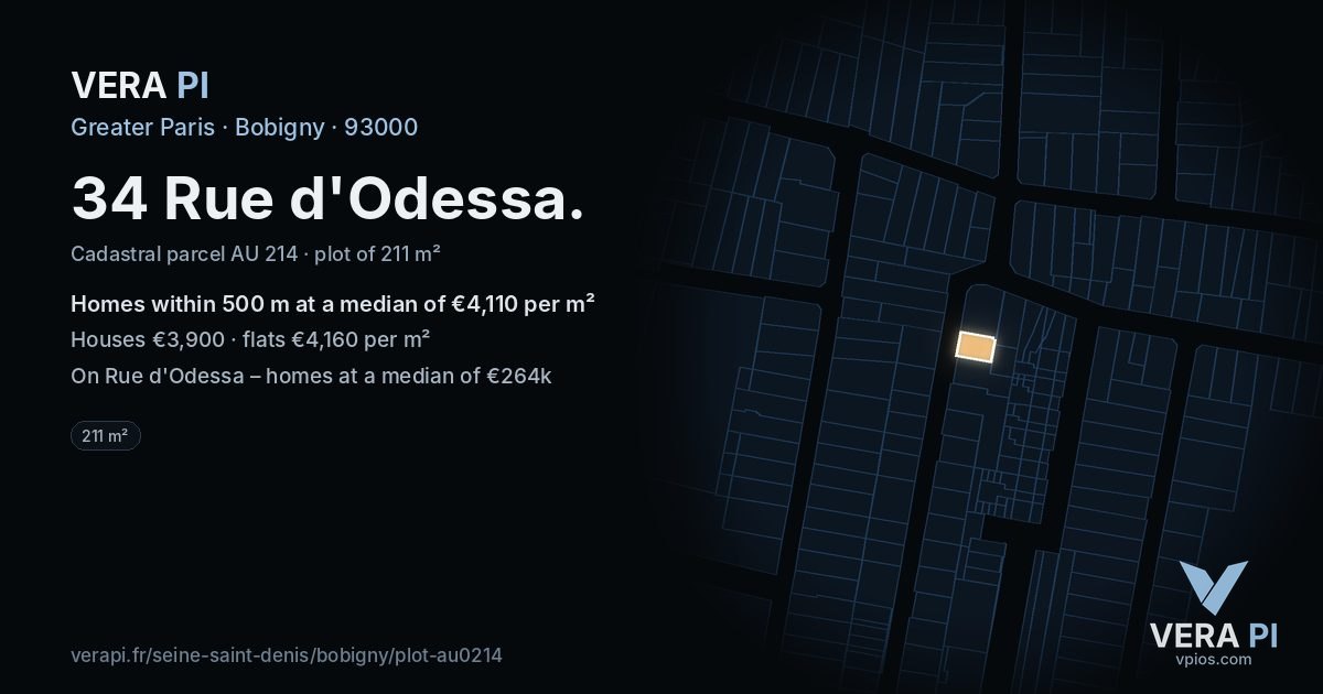 34 Rue d'Odessa, Bobigny at night – the plot lit, the parcels around coloured by the prices near them