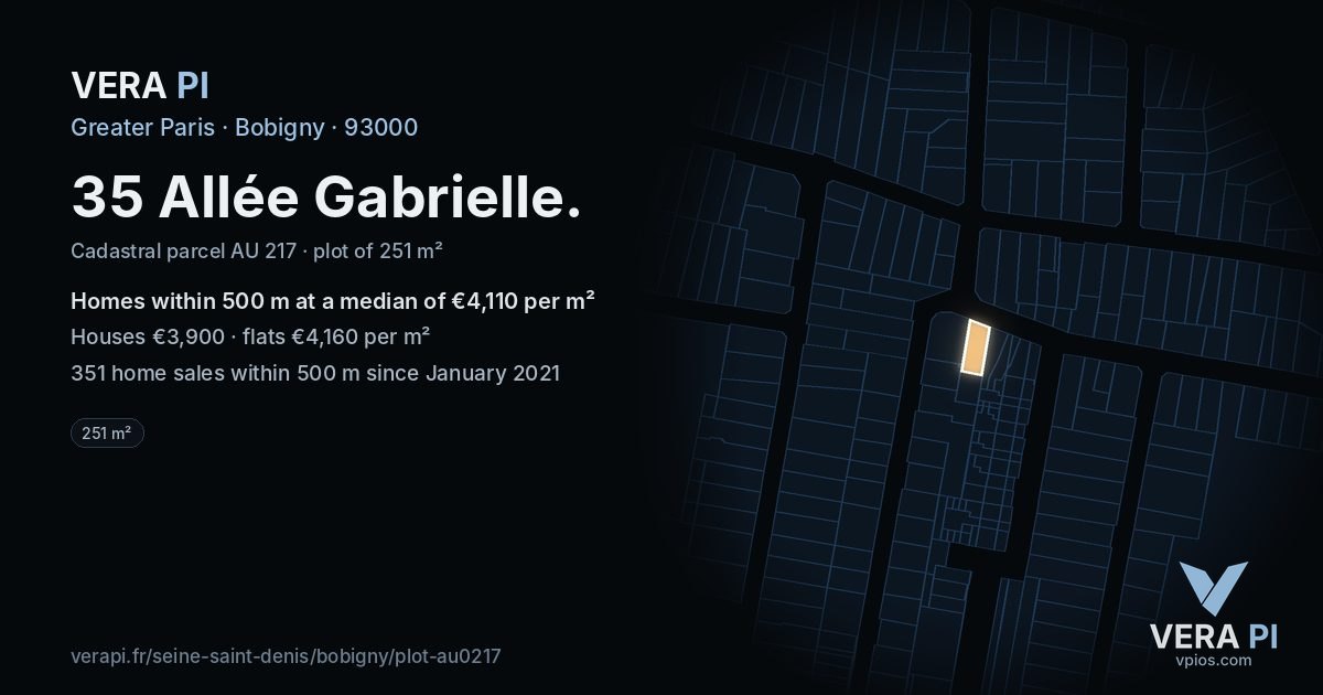 35 Allée Gabrielle, Bobigny at night – the plot lit, the parcels around coloured by the prices near them
