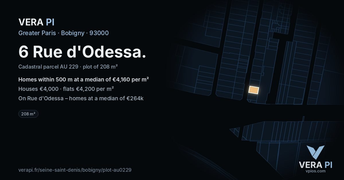 6 Rue d'Odessa, Bobigny at night – the plot lit, the parcels around coloured by the prices near them