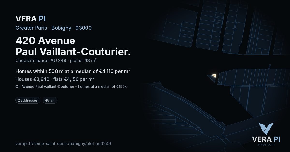 420 Avenue Paul Vaillant-Couturier, Bobigny at night – the plot lit, the parcels around coloured by the prices near them