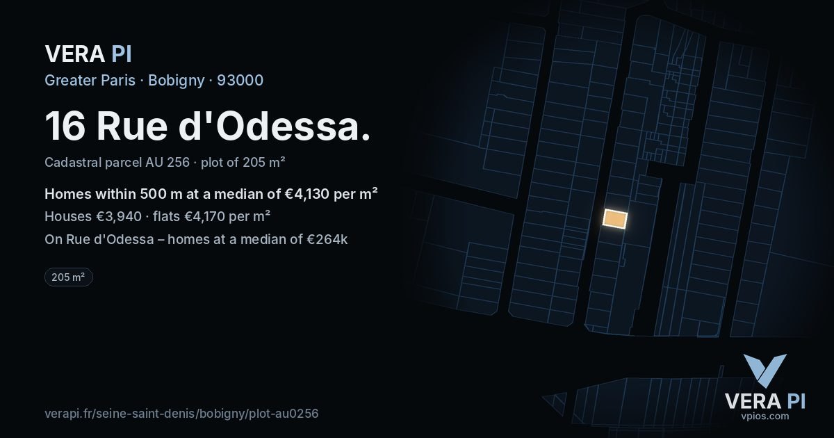 16 Rue d'Odessa, Bobigny at night – the plot lit, the parcels around coloured by the prices near them