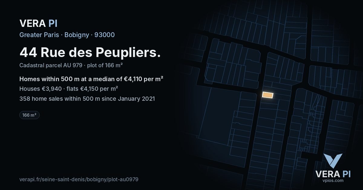 44 Rue des Peupliers, Bobigny at night – the plot lit, the parcels around coloured by the prices near them