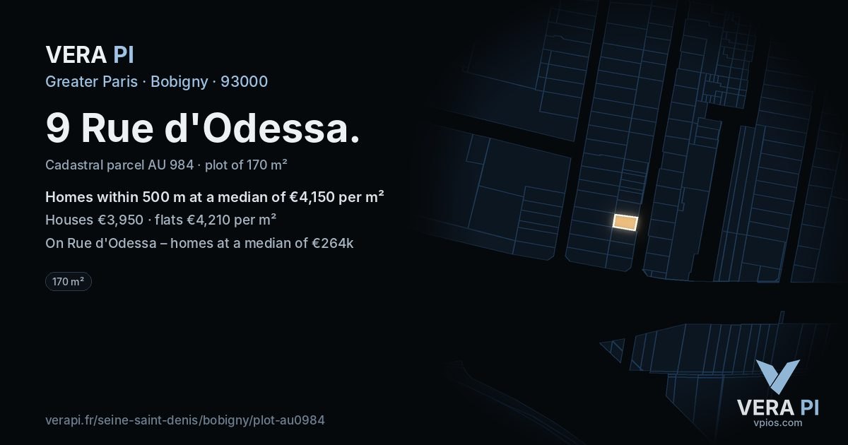 9 Rue d'Odessa, Bobigny at night – the plot lit, the parcels around coloured by the prices near them