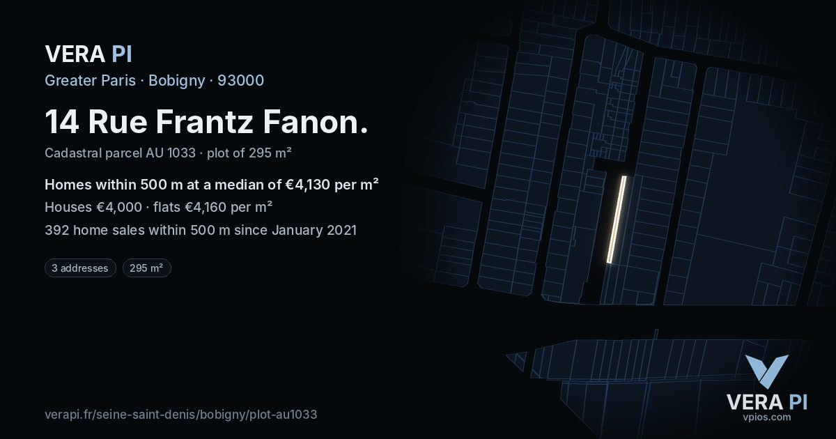 14 Rue Frantz Fanon, Bobigny at night – the plot lit, the parcels around coloured by the prices near them