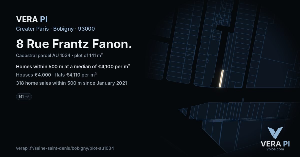 8 Rue Frantz Fanon, Bobigny at night – the plot lit, the parcels around coloured by the prices near them