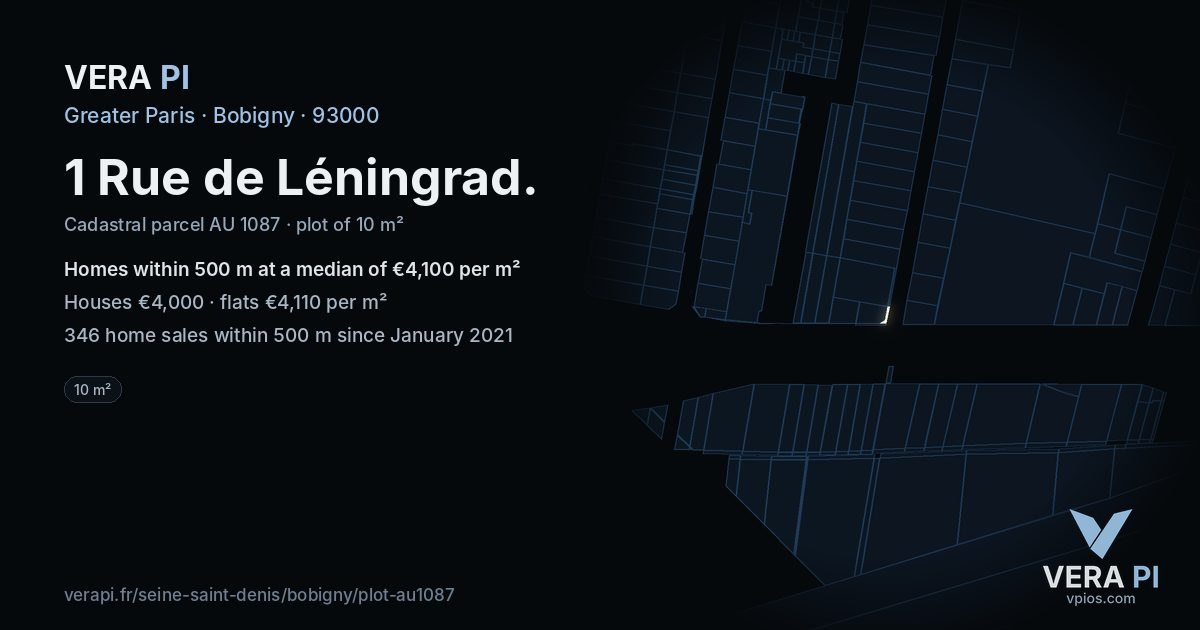 1 Rue de Léningrad, Bobigny at night – the plot lit, the parcels around coloured by the prices near them