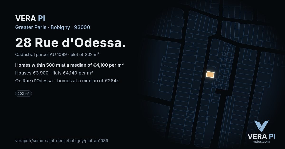 28 Rue d'Odessa, Bobigny at night – the plot lit, the parcels around coloured by the prices near them