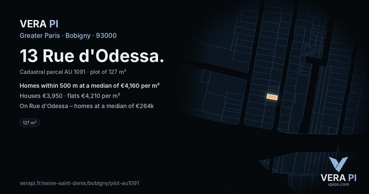 13 Rue d'Odessa, Bobigny at night – the plot lit, the parcels around coloured by the prices near them