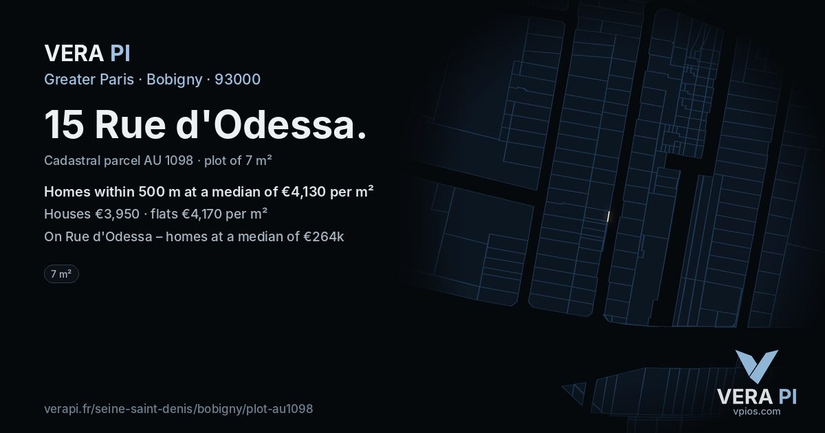 15 Rue d'Odessa, Bobigny at night – the plot lit, the parcels around coloured by the prices near them