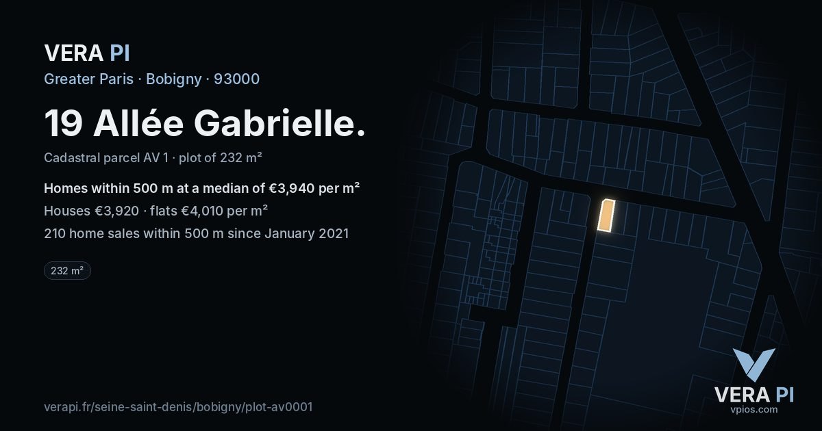 19 Allée Gabrielle, Bobigny at night – the plot lit, the parcels around coloured by the prices near them