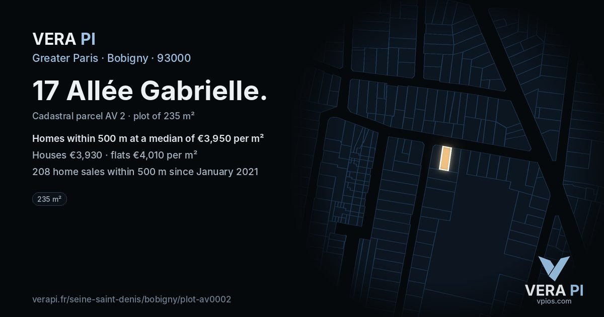 17 Allée Gabrielle, Bobigny at night – the plot lit, the parcels around coloured by the prices near them