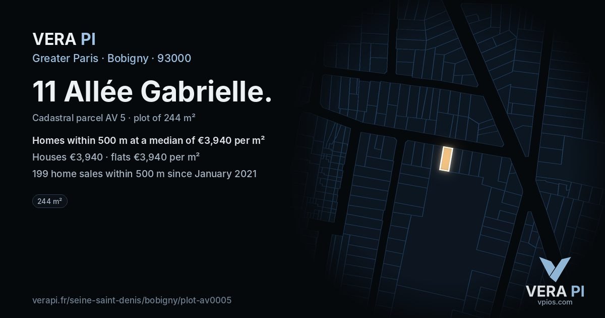 11 Allée Gabrielle, Bobigny at night – the plot lit, the parcels around coloured by the prices near them