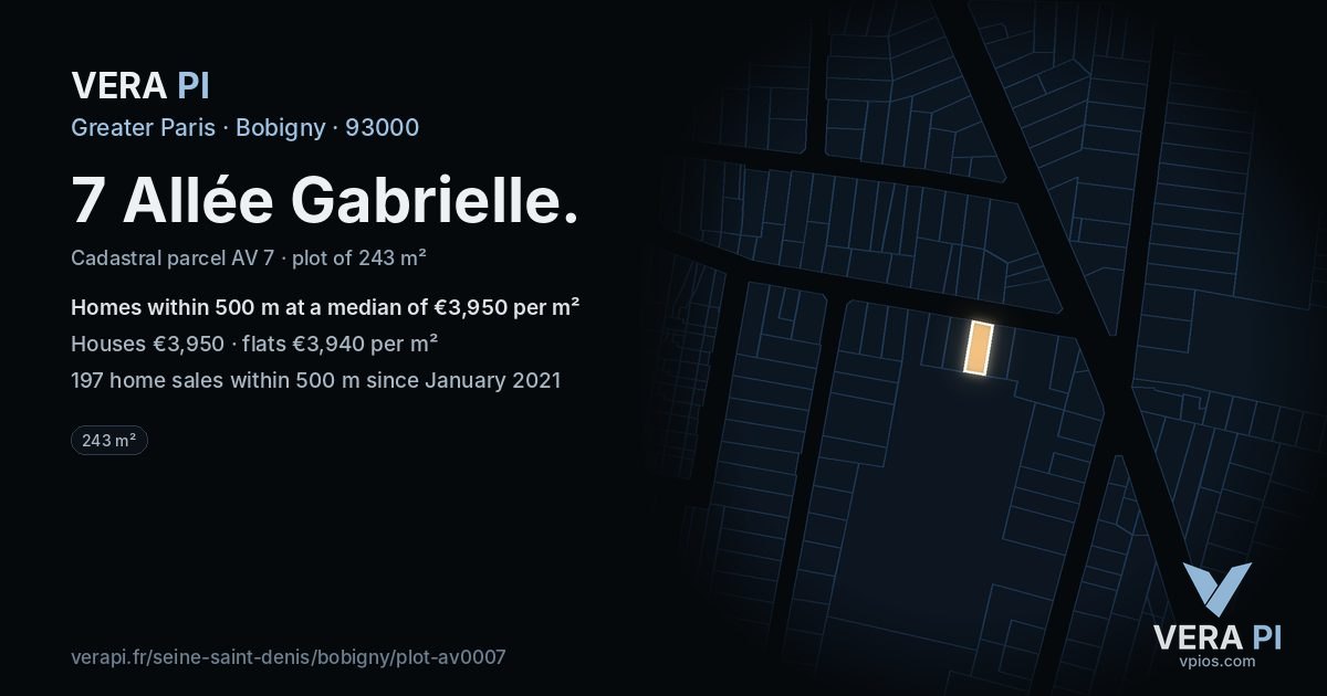 7 Allée Gabrielle, Bobigny at night – the plot lit, the parcels around coloured by the prices near them