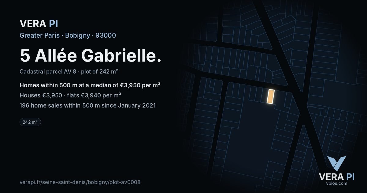 5 Allée Gabrielle, Bobigny at night – the plot lit, the parcels around coloured by the prices near them