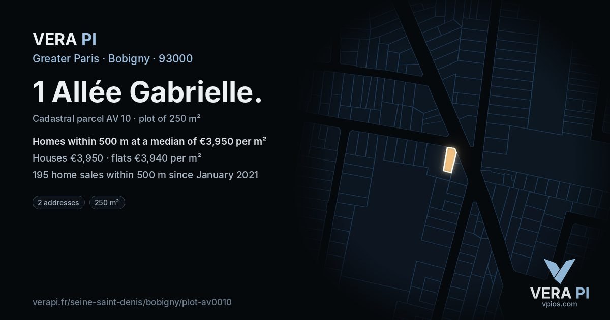 1 Allée Gabrielle, Bobigny at night – the plot lit, the parcels around coloured by the prices near them