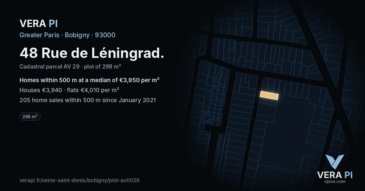 48 Rue de Léningrad, Bobigny at night – the plot lit, the parcels around coloured by the prices near them