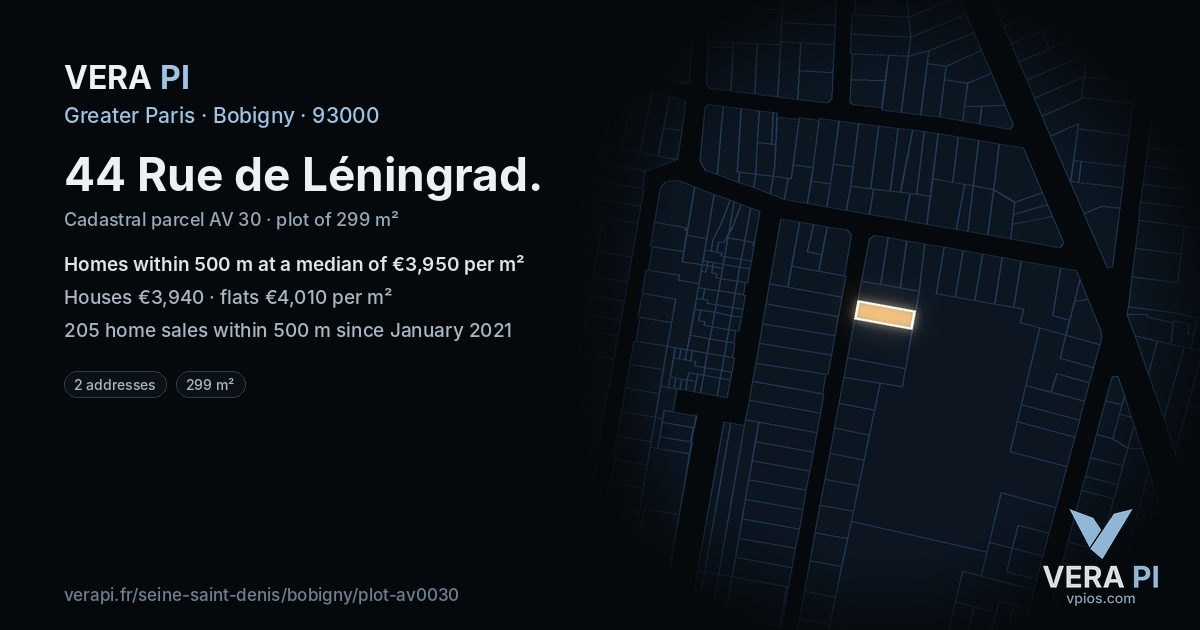 44 Rue de Léningrad, Bobigny at night – the plot lit, the parcels around coloured by the prices near them